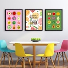 Kit 3 Quadros Cozinha Pequena - Frutinhas 45x34cm - Com Vidro