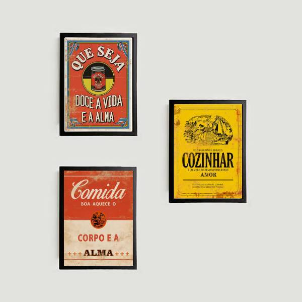 Kit 3 Quadros Cozinha Retrô 24x18cm Moldura:madeira Preta