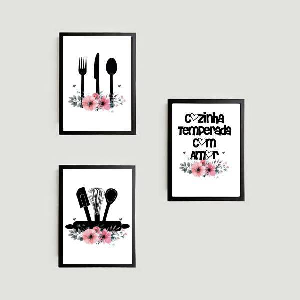 Kit 3 Quadros Cozinha Temperada Com Amor 24x18cm Moldura:made