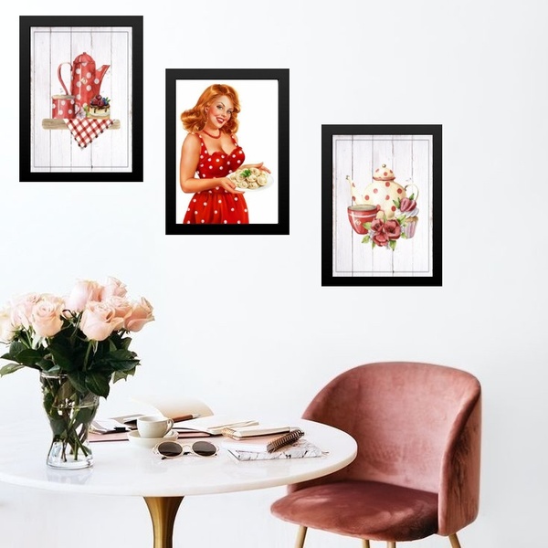 Kit 3 Quadros Cozinha Vermelha Pin Up Poá 45x34cm Moldura:mad