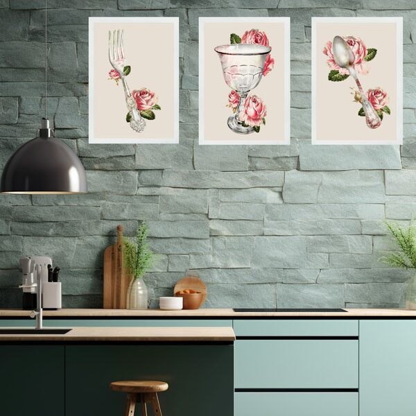 Kit 3 Quadros Cozinha Vintage- Flores 33x24cm - Com Vidro Mol