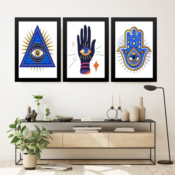 Kit 3 Quadros Decoração Esotérica - Olho Grego 45x34cm Moldur
