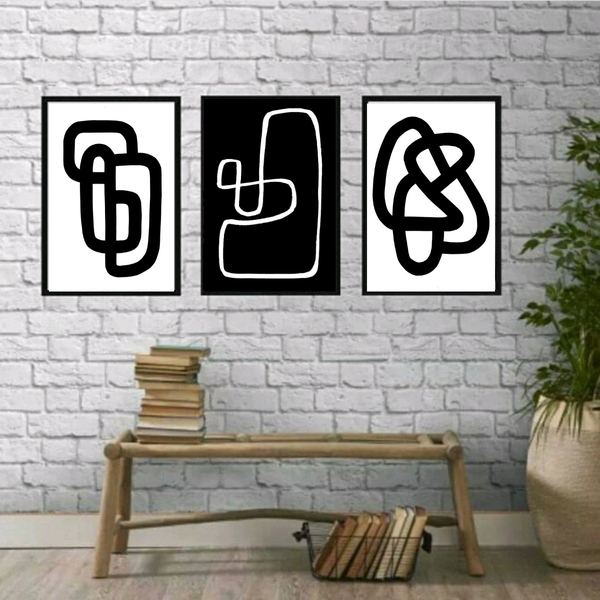 Kit 3 Quadros Decoração Minimalista Preto e branco 45x34cm -