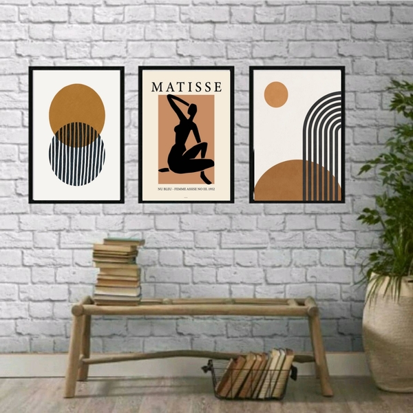Kit 3 Quadros Decoração Minimalista marrom 33x24cm - Com Vidr