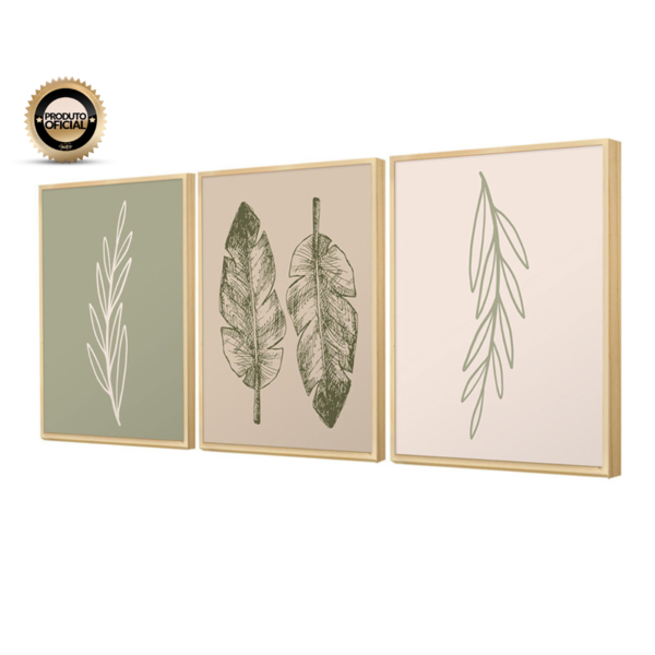 Kit 3 Quadros Decorativo Folhas Minimalista Quarto De Casal