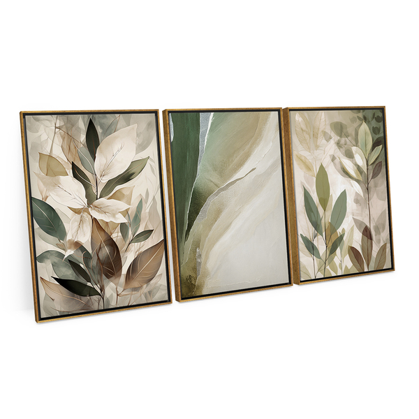 Kit 3 Quadros Decorativo Orgânico Abstrato Soft Green Elegant