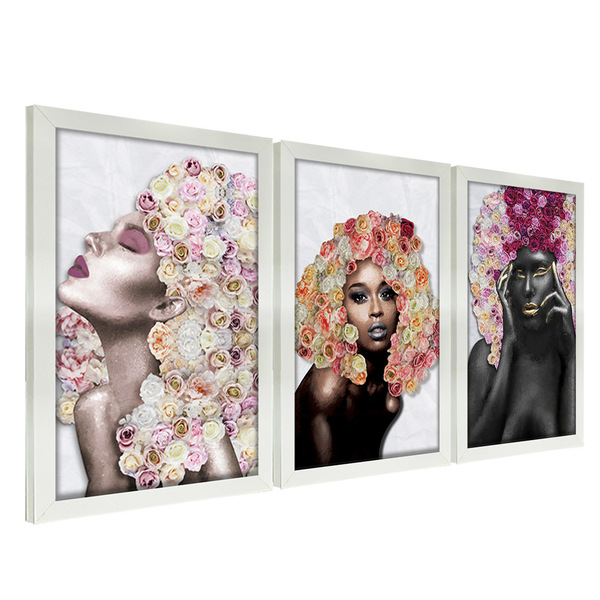 Kit 3 Quadros Decorativos 20x30 Mulheres Rosto Flores Rosas -