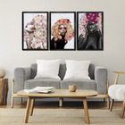 Kit 3 Quadros Decorativos 30x45 Mulheres Rosto Flores Rosas -