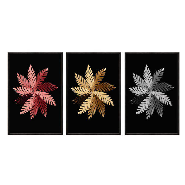 Kit 3 Quadros Decorativos 40x60cm Canvas Floral Coral Dourado