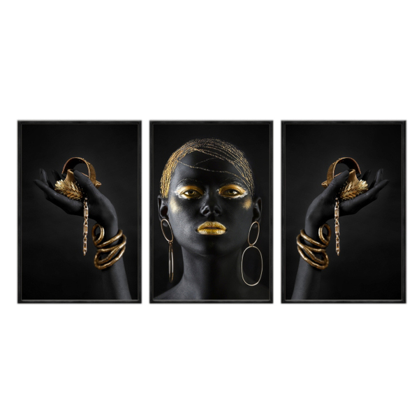 Kit 3 Quadros Decorativos 40x60cm Canvas Mulher Dourada Com J