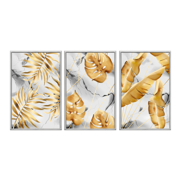 Kit 3 Quadros Decorativos 40x60cm Vidro Folhas Tropicais Dour