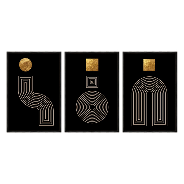 Kit 3 Quadros Decorativos 40x60cm Vidro Formas Preto Dourado