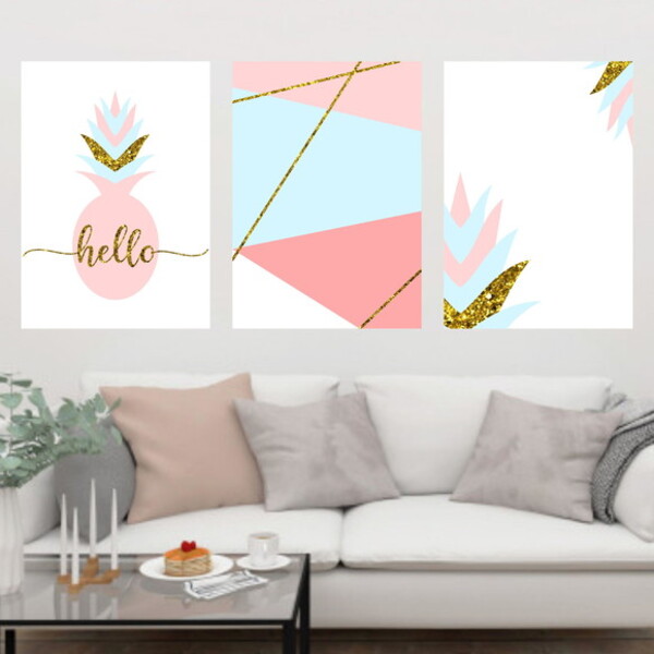 Kit 3 Quadros Decorativos Abacaxi Rosa, Azul Geométrico 45x34