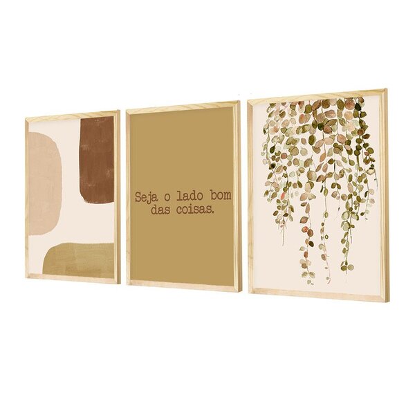 Kit 3 Quadros Decorativos Abstrato Folhagens E Frases