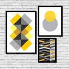 Kit 3 Quadros Decorativos Abstrato Geométrico Amarelo Cinza