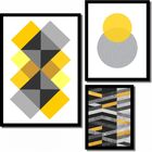 Kit 3 Quadros Decorativos Abstrato Geométrico Amarelo Cinza