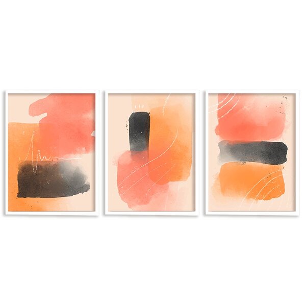 Kit 3 Quadros Decorativos Abstrato Tons De Salmão E Preto