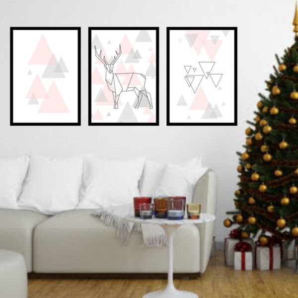 Kit 3 Quadros Decorativos Alce Geométrico Triângulo 45x34cm -