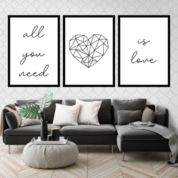 Kit 3 Quadros Decorativos All You Need Is Love Coração 45x34c
