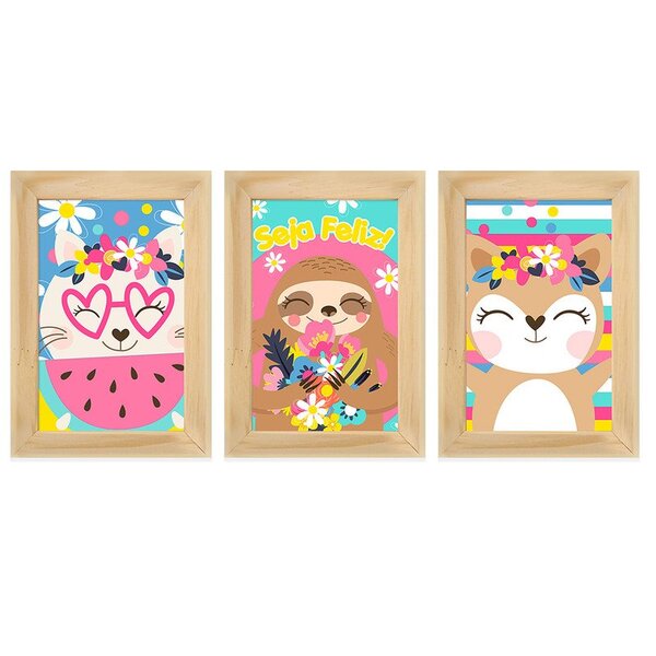 Kit 3 Quadros Decorativos Animais Quarto Infantil Bebê Menina