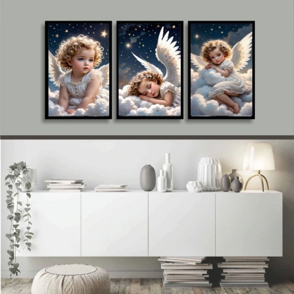 Kit 3 Quadros Decorativos Anjo Criança 24x18cm - Com Vidro Mo