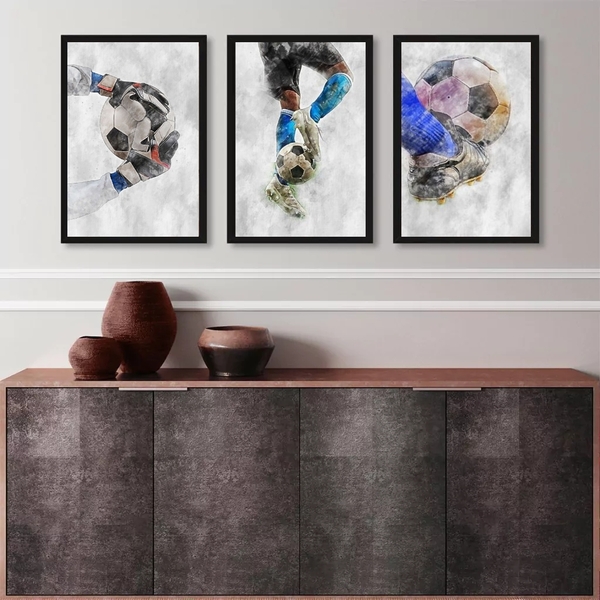 Kit 3 Quadros Decorativos Aquarela Futebol 45x34cm - Com Vidr
