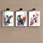 Kit 3 Quadros Decorativos Aquarelas Beija-flores 45x34cm - Co