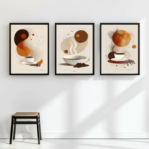 Kit 3 Quadros Decorativos Artes Cafés 45x34cm Moldura Branca