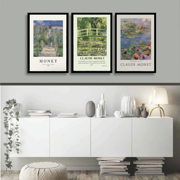 Kit 3 Quadros Decorativos Artes De Monet 33x24cm - Com Vidro