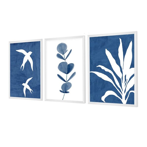 Kit 3 Quadros Decorativos Azul Boho Passáros Natureza