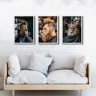 Kit 3 Quadros Decorativos Barbearia - Leão 45x34cm Moldura Pr