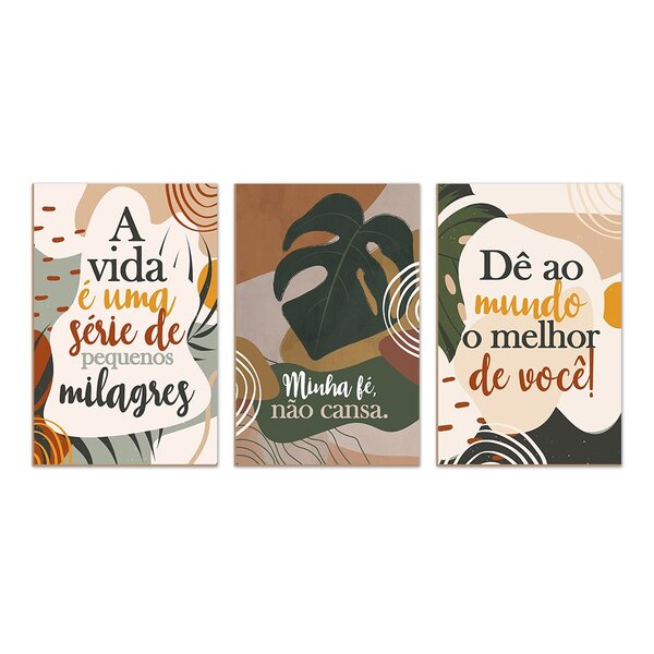 Kit 3 Quadros Decorativos Boho Frases Folhagens