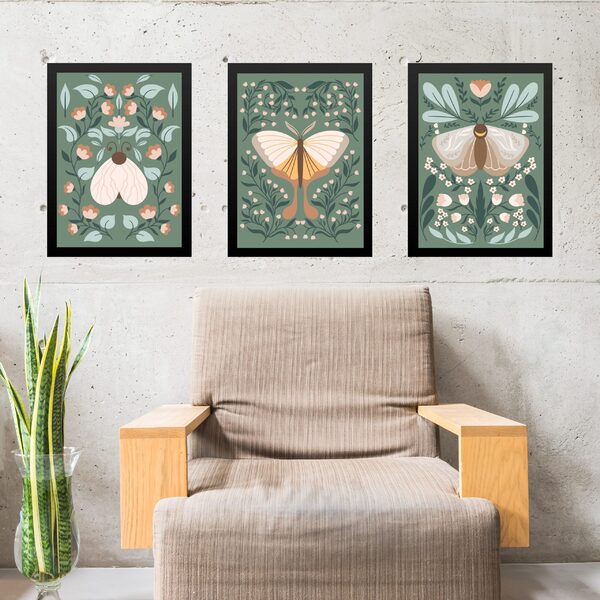 Kit 3 Quadros Decorativos Borboletas Boho 45x34cm Moldura Bra