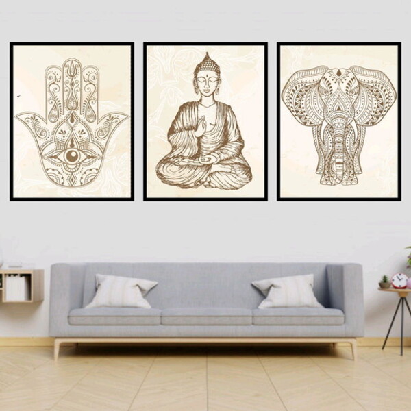 Kit 3 Quadros Decorativos Buda Zen, Hamsa, Elefante 45x34cm -