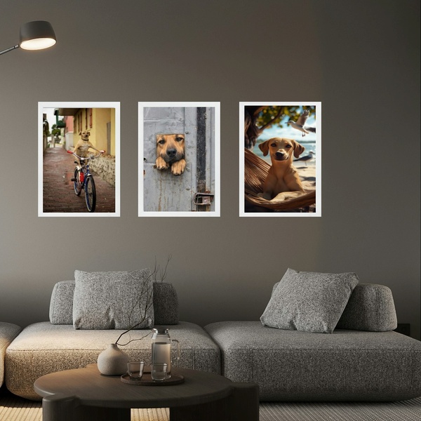 Kit 3 Quadros Decorativos Cachorro Caramelo 45x34cm Moldura B