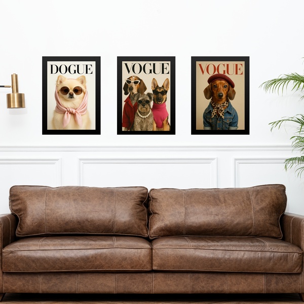 Kit 3 Quadros Decorativos Cães Capa De Revista 33x24cm - Com