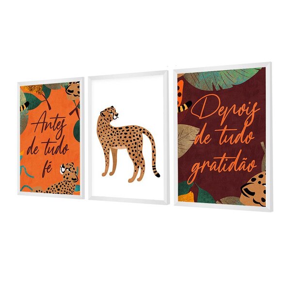 Kit 3 Quadros Decorativos Colorido Frases Gratidão Onça