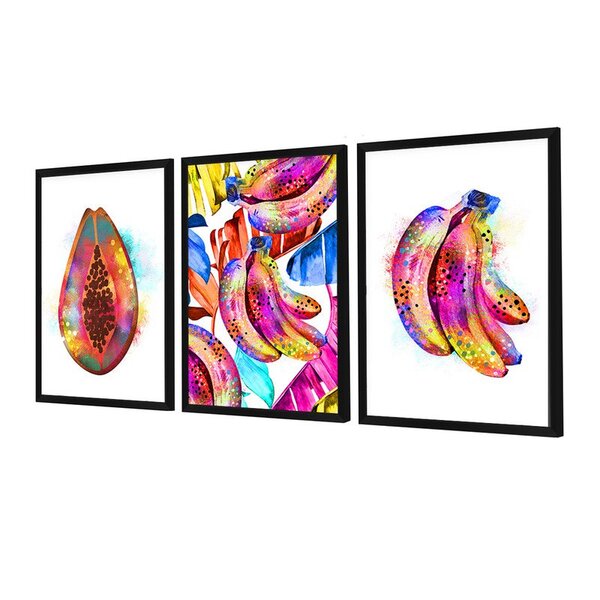 Kit 3 Quadros Decorativos Coloridos Abstrato Frutas Tropical