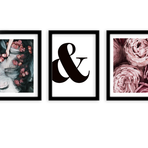 Kit 3 Quadros Decorativos Com Moldura Flores Rosas