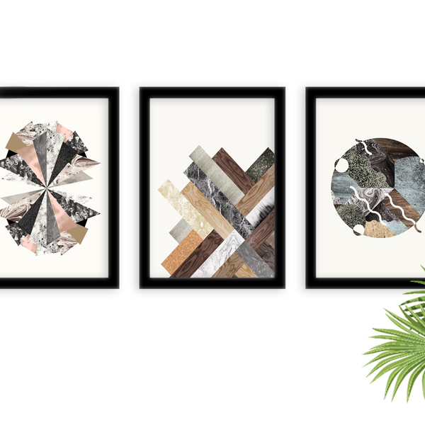 Kit 3 Quadros Decorativos Com Moldura Formas Geométricas