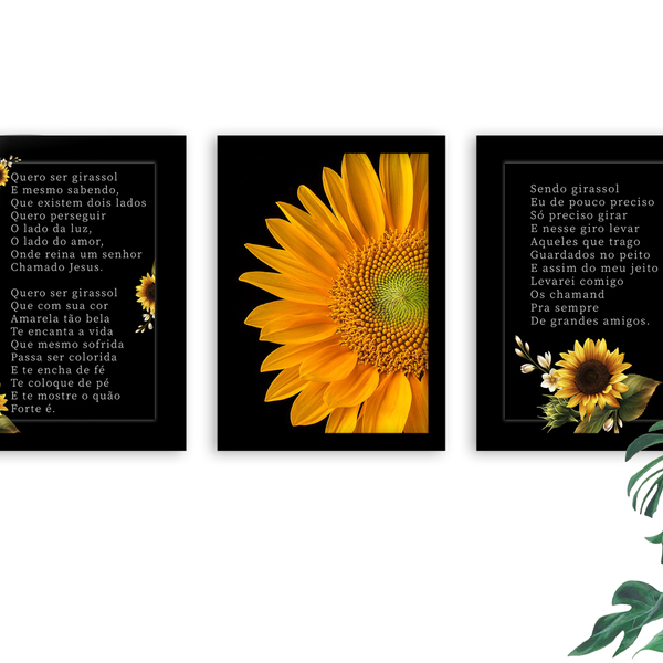 Kit 3 Quadros Decorativos Com Moldura Girassol Poema