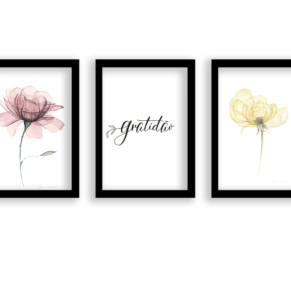 Kit 3 Quadros Decorativos Com Moldura Gratidão Flowers