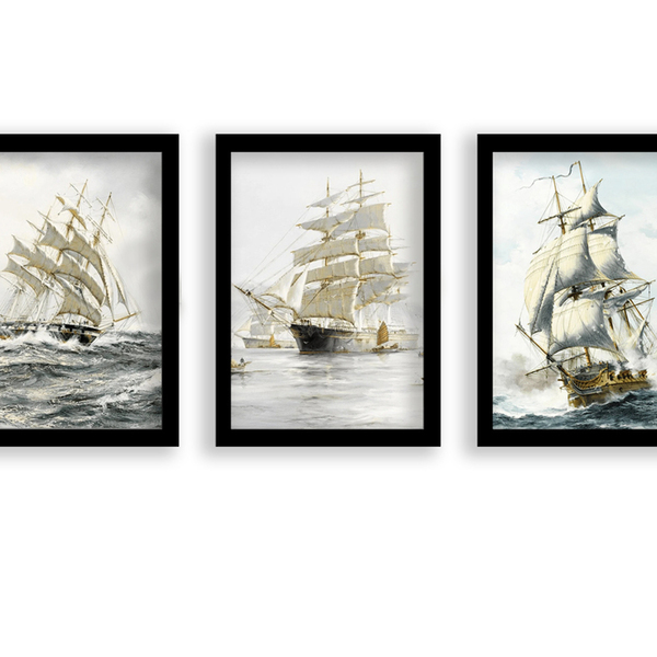 Kit 3 Quadros Decorativos Com Moldura Preta Navio Europeu
