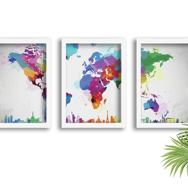 Kit 3 Quadros Decorativos Com Molduras Brancas Mapa Artistico