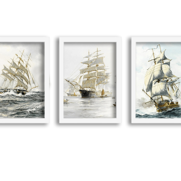 Kit 3 Quadros Decorativos Com Molduras Brancas Navio Europeu