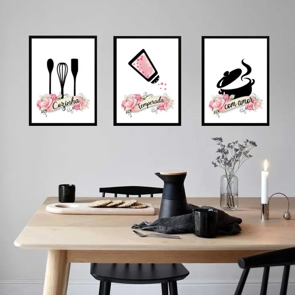 Kit 3 Quadros Decorativos Cozinha Temperada 45x34cm - Com Vid