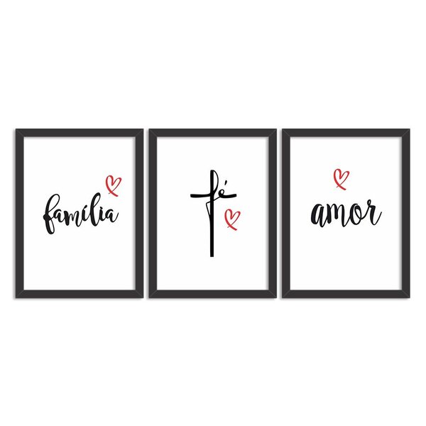 Kit 3 Quadros Decorativos Familia Fé Amor
