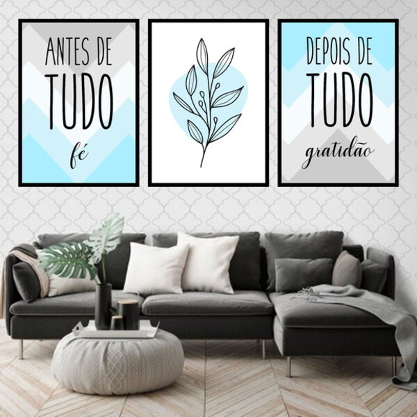 Kit 3 Quadros Decorativos Fé E Gratidão Azul E Cinza 45x34cm
