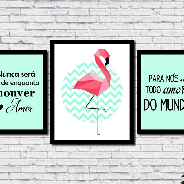 Kit 3 Quadros Decorativos Flamingo Verde E Frases