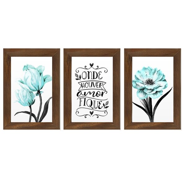 Kit 3 Quadros Decorativos Floral Frases Amor Flores Azul Quar